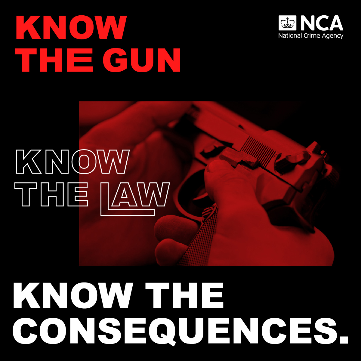 Firearm with text: 'Know the gun, know the law, know the consequences'