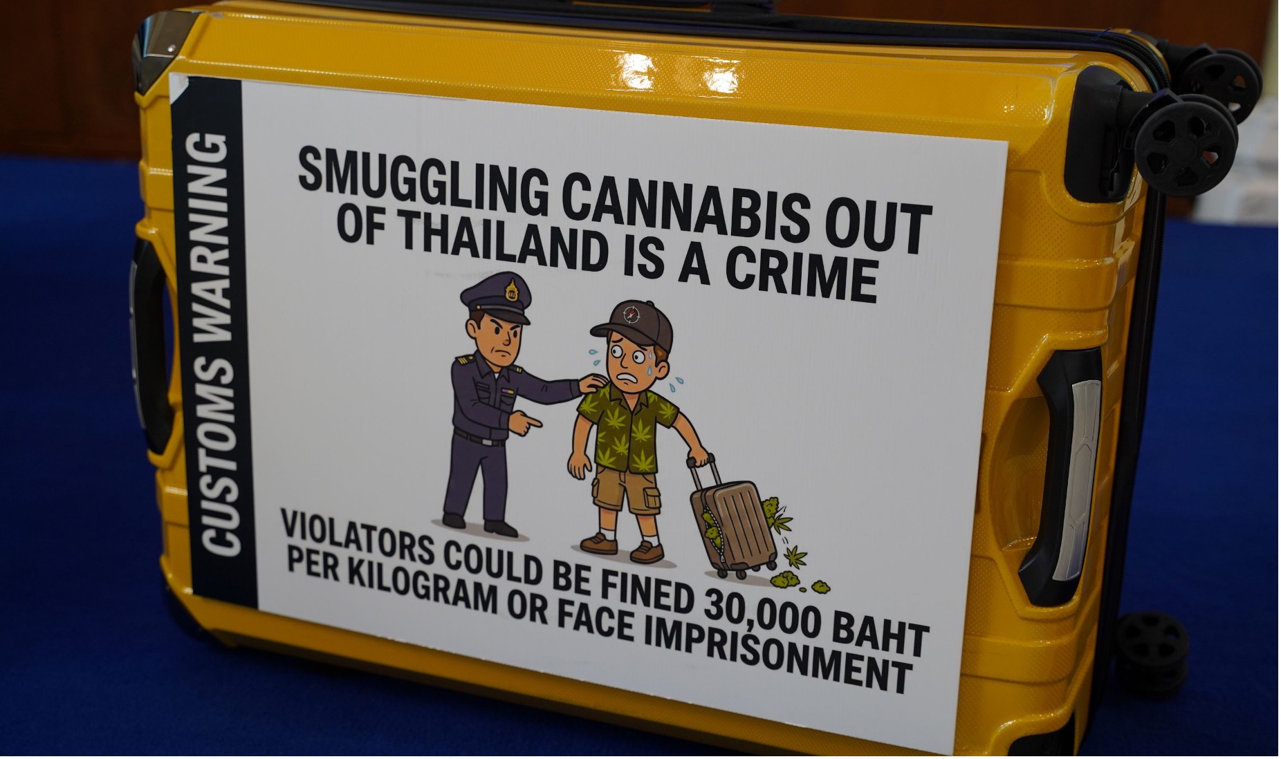 suitcase with a poster of the new fining policy