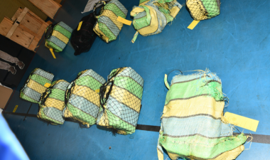 Cocaine bales laid out on a blue floor