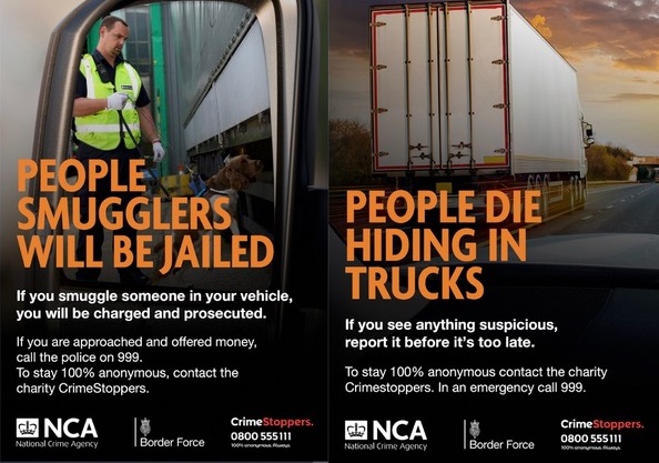 Two posters highlighting the dangers of people smuggling in HGVs